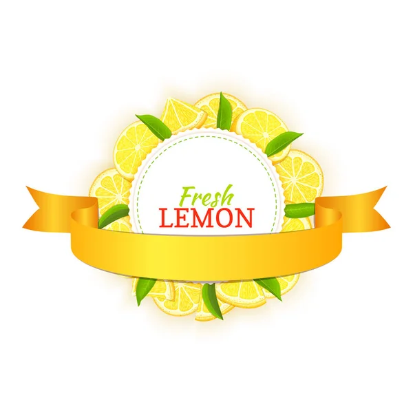 Круглая цветная рамка, состоящая из вкусных тропических лимонных фруктов и листьев и золотой ленты. Векторная иллюстрация . — стоковый вектор