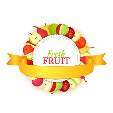 Renkli çerçeve lezzetli elma armut meyve ve altın Şerit'oluşur. Vektör kartı çizim.