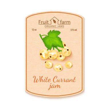 Vektör beyaz Frenk üzümü reçeli etikel. Olgunlaşmış meyve kompozisyonu. Beyaz kuş üzümü reçeli, meyve marmelat, meyve suyu, smoothies ile bir kavanoz için bir etiket tasarımı. Etiket tasarımınız için doku ile retro tarzında