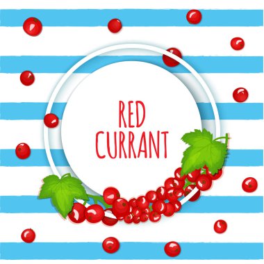 Mavi çizgiler ve kırmızı meyveler arka plan üzerinde yuvarlak beyaz çerçeve. Vektör kartı çizim. Daire kare, frenk üzümü meyve dalı ile suyu, Kahvaltı, reçel, dondurma, smoothies tasarımı için bırakır.