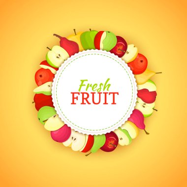 Renkli çerçeve lezzetli elma armut meyve oluşur. Vektör kartı çizim. Daire elma armut çerçeve. İştah açıcı olgunlaşmış taze meyve suyu, ambalaj tasarımı için arıyorum gıda Servis Kahvaltı