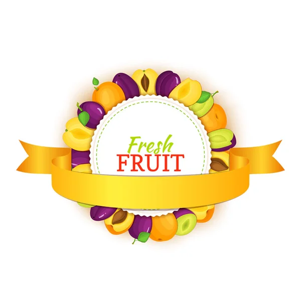 Στρογγυλή χρωματιστό πλαίσιο που αποτελείται από νόστιμα βερίκοκα plum φρούτα και χρυσό κορδέλα. Vector εικονογράφηση κάρτας. Κύκλος βερίκοκα δαμάσκηνα πλαίσιο. Ώριμα φρέσκα φρούτα για σχεδιασμό συσκευασιών χυμών, πρωινό φαγητό — Διανυσματικό Αρχείο
