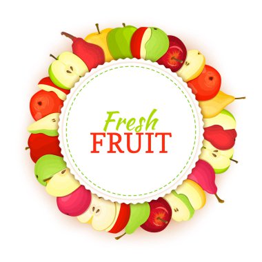 Renkli çerçeve lezzetli elma armut meyve oluşur. Vektör kartı çizim. Daire elma armut çerçeve. İştah açıcı olgunlaşmış taze meyve suyu, ambalaj tasarımı için arıyorum gıda Servis Kahvaltı