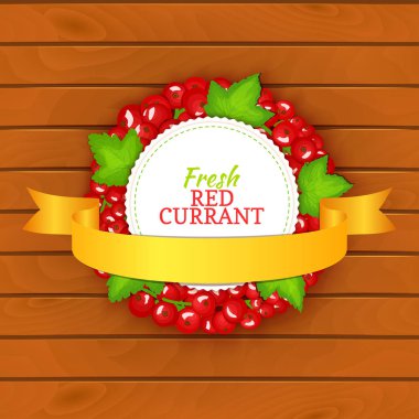 Panoları ahşap arka plan, kenarlık ile yuvarlak kırmızı kuş üzümü meyve ve altın Şerit'inde oluşan renkli çerçeve. Vektör kartı illüstrasyon çember Frenk üzümü etiket meyve çilek ve ambalaj tasarımı için yaprakları.