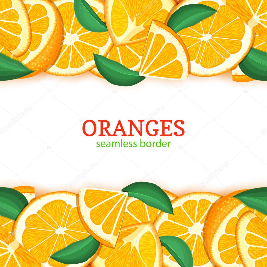 Orange fruit horizontal seamless border. Vector illustration card top and bottom Fresh tropical mandarin whole and slice for design tea, ice cream, natural cosmetics, health care products, detox diet.
