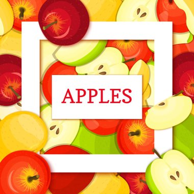 Beyaz kare ve dikdörtgen etiket apple arka plan üzerinde kare. Vektör kartı çizim. Elma meyve yakından tasarım gıda, meyve suyu, reçel, dondurma, smoothies, Detoks, kozmetik, çay paketleme için aralıklı.