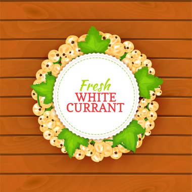 Ahşap arka plan, renkli çerçeve beyaz kuş üzümü oluşan yuvarlak ile sınır panoları. Vektör kartı çizim. Meyve etiket. Daire Frenk üzümü etiket meyve çilek ve ambalaj tasarımı için yaprakları.