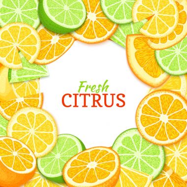 Limon portakal limon beyaz yuvarlak çerçeve. Vektör kartı çizim. Arka plan tasarım gıda ambalaj Kahvaltı, Detoks, kozmetik krem, reçel, meyve suyu için metin için yer ile tropikal taze ve sulu meyveler