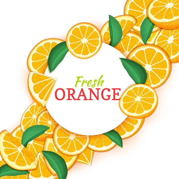 Quadro branco redondo no fundo de composição diagonal laranja citrino. Ilustração do cartão vetorial. Quadro de mandarim, fruto de tangerina e folhas para o design de embalagem de desintoxicação, creme de cosméticos, geléia, suco —  Vetores de Stock