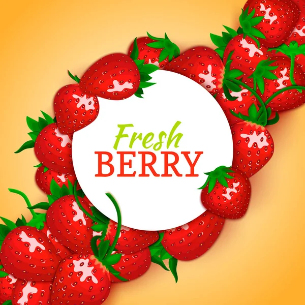 Στρογγυλό άσπρο πλαίσιο στον κόκκινο φράουλα διαγώνια σύνθεση φόντο. Vector εικονογράφηση κάρτας. Μούρα φρούτα καρέ, φράουλα και φεύγει για το σχεδιασμό συσκευασίας, detox, καλλυντικά κρέμα, μαρμελάδα, χυμό. — Διανυσματικό Αρχείο