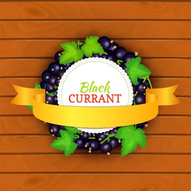 Ahşap arka plan, kenarlık çerçeve Siyah frenk üzümü ve altın şerit oluşan yuvarlak panoları. Vektör kartı çizim. Meyve etiket. Daire Frenk üzümü etiket meyve çilek ve ambalaj tasarımı için yaprakları.