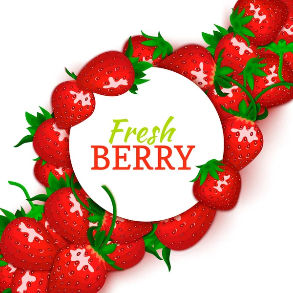 Στρογγυλό άσπρο πλαίσιο στον κόκκινο φράουλα διαγώνια σύνθεση φόντο. Vector εικονογράφηση κάρτας. Μούρα φρούτα καρέ, φράουλα και φεύγει για το σχεδιασμό συσκευασίας, detox, καλλυντικά κρέμα, μαρμελάδα, χυμό. — Διανυσματικό Αρχείο