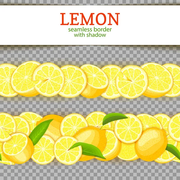 Ripe lemon horizontal seamless borders. Vector illustration card Wide and narrow endless strip with Juicy yellow lime fruits and leaves for design of juice breakfast, healthy eating, detox, cosmetics. — Stock Vector