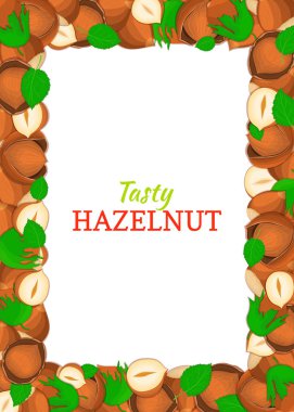 Dikey dikdörtgen renkli çerçeve lezzetli fındık, oluşur. Vektör kartı çizim. Fındık fındık çerçeve, ceviz meyve kabuğu, gıda ambalaj tasarımı için tüm, kabuklu, yaprakları