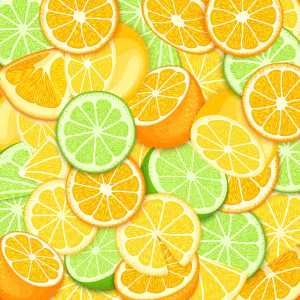 Ripe berair tropis jeruk lemon latar belakang. Vektor kartu ilustrasi. Buah jeruk sitrus segar jarak dekat dikupas, sepotong setengah, irisan. Pola untuk desain kemasan makanan sehat, diet, juce - Stok Vektor