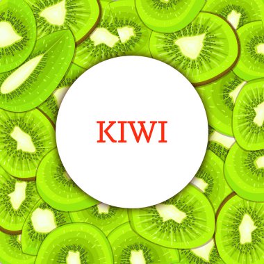 Olgun kivi arka plan üzerinde yuvarlak beyaz çerçeve. Vektör kartı çizim. Yarım dilim tohumu iştah açıcı tasarım gıda ambalaj suyu kahvaltı için seyir taze ve sulu lezzetli kivi soyulmuş bir parça