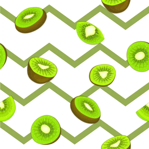 Pola vektor tanpa cela dari buah kiwi matang. Latar belakang zig zag bergaris-garis dengan daun setengah kiwi hijau yang lezat. Ilustrasi buah segar untuk pencetakan pada kemasan desain tekstil kain - Stok Vektor