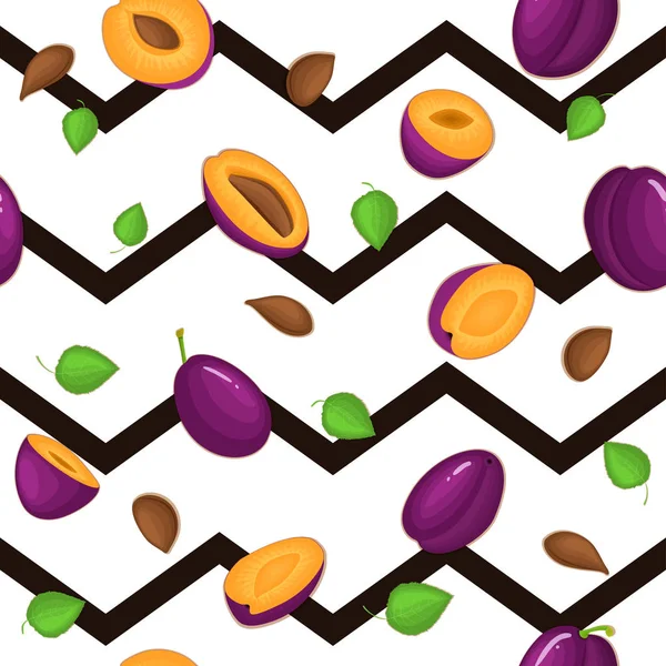 Modèle vectoriel sans couture de fruits mûrs de prunes. Fond rayé avec de délicieuses prunes juteuses, entières, tranchées, moitié, feuilles. Illustration peut être utilisé pour l'impression sur tissu, textile dans l'emballage de conception . — Image vectorielle