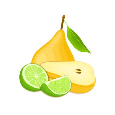 Vektör kompozisyon birkaç sarı armut ve narenciye kireç. Sarı armut meyve ve tropikal kireç. Beyaz arka plan üzerinde yemek lezzetli olgun meyve suyu, Kahvaltı, sağlıklı gıda, vegan tasarım grubu