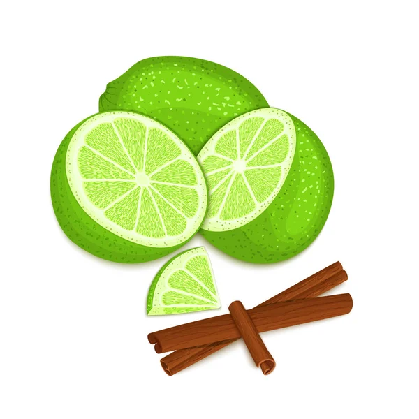 De samenstelling van de vector van een limoen citrus fruit en specerijen. Groene limes hele en geknipte en kaneel stokje. Groep van smakelijke vruchten kleurrijk ontwerp voor de verpakking van SAP, Ontbijt, gezond eten, vegan. — Stockvector
