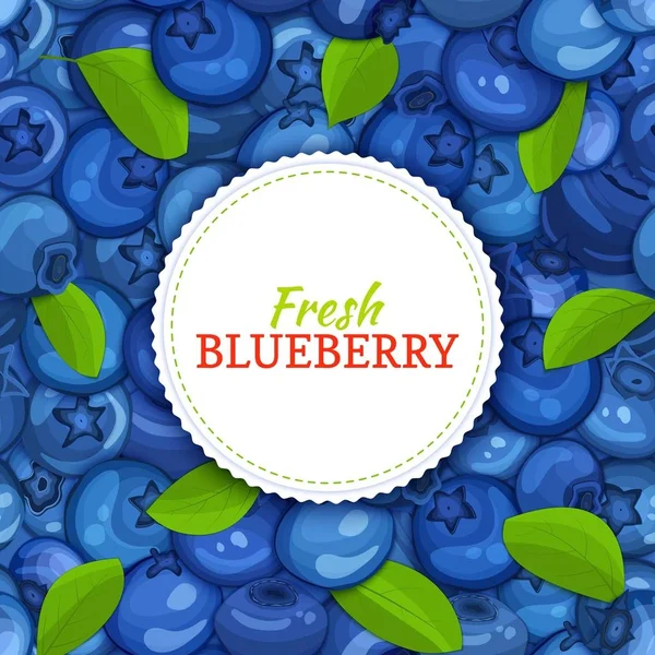Rund vit etikett på mogna blåbär och löv bakgrund. Vektor kort illustration. Blue berry fräsch och saftig blåbär ram för design av mat förpackning juice frukost, kosmetika, te, detox diet. — Stock vektor
