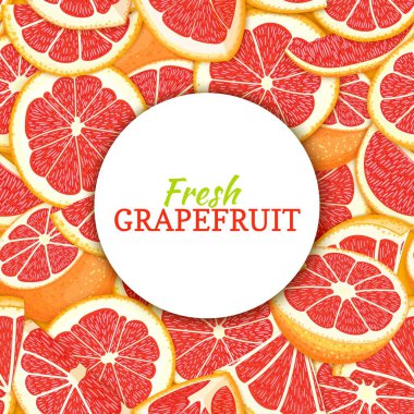 Narenciye greyfurt arka plan üzerinde yuvarlak beyaz etiket. Vektör kartı çizim. Tropikal taze ve sulu kırmızı pomelo çerçeve tasarım sağlıklı gıda, diyet juce paketleme d için yarım dilim parça soyulmuş.