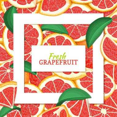 Beyaz kare ve dikdörtgen etiket narenciye kırmızı greyfurt arka plan üzerinde kare. Vektör kartı çizim. Tropikal taze sulu pomelo yakından gıda ambalaj suyu kahvaltı tasarım için arka plan aralıklı