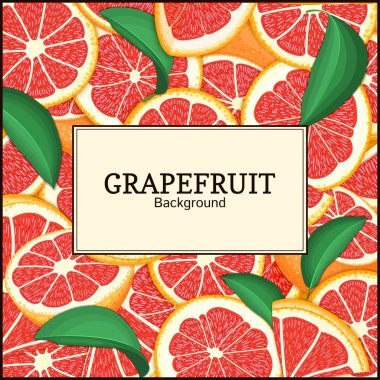 kare etiketi narenciye greyfurt arka plan üzerinde. Vektör kartı çizim. Tropikal taze ve sulu kırmızı pomelo çerçeve yarım dilim gıda ambalaj suyu Kahvaltı, çay diyet juce tasarım için parça soyulmuş