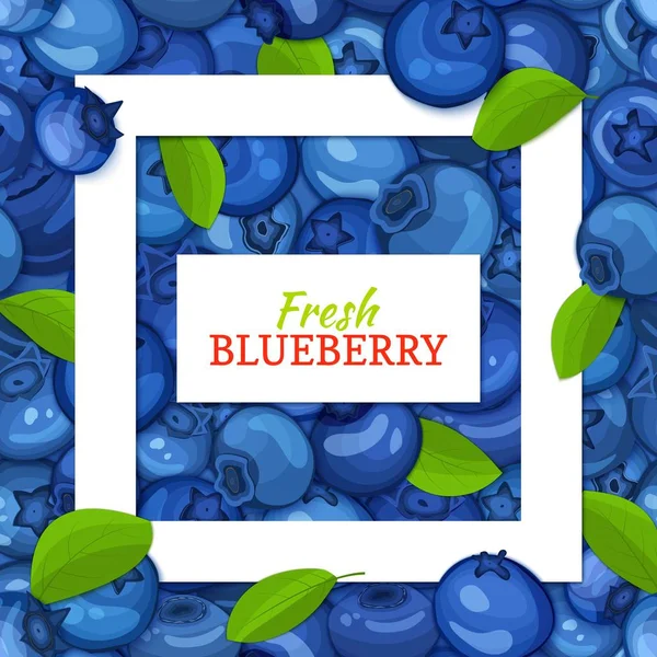 Square white frame and rectangle label on blueberry background. Vector card illustration. Blueberries fruit and leaves for packaging design food juice, jam, ice cream, smoothies, detox, cosmetics, tea — Stock Vector