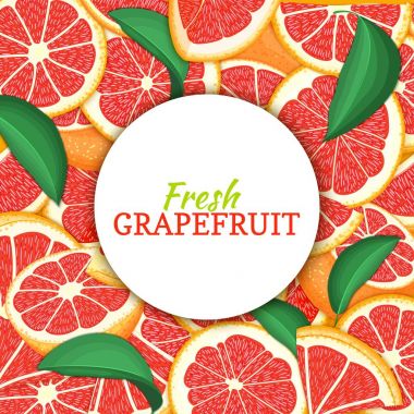Narenciye greyfurt arka plan üzerinde yuvarlak beyaz etiket. Vektör kartı çizim. Tropikal taze ve sulu kırmızı pomelo çerçeve tasarım sağlıklı gıda, diyet juce paketleme d için yarım dilim parça soyulmuş.