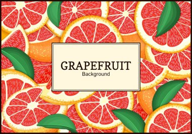 Narenciye greyfurt arka plan üzerinde dikdörtgen etiket. Vektör kartı çizim. Tropikal sulu kırmızı pomelo çerçeve soyulmuş yarım dilim gıda ambalaj suyu Kahvaltı, çay diyet juce tasarım için parça