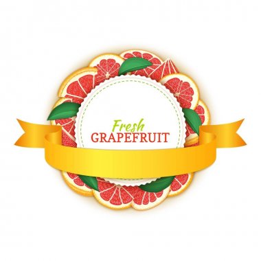 Renkli çerçeve greyfurt meyve ve altın Şerit'inde oluşur. Vektör kartı çizim. Narenciye kırmızı pomelo çerçeve etiket ve afiş tasarımı suyu Kahvaltı, kozmetik, çay için yuvarlak, detoks diyet.