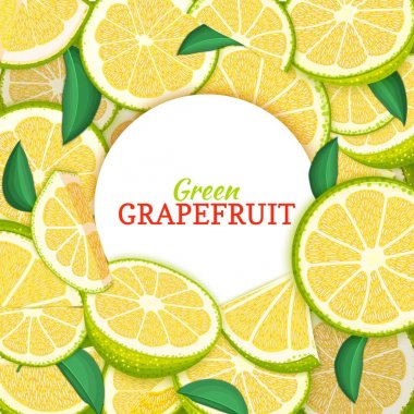 Narenciye greyfurt arka plan üzerinde yuvarlak beyaz etiket. Vektör kartı çizim. Tropikal taze ve sulu yeşil pomelo çerçeve tasarım sağlıklı gıda, diyet juce paketleme d için yarım dilim parça soyulmuş