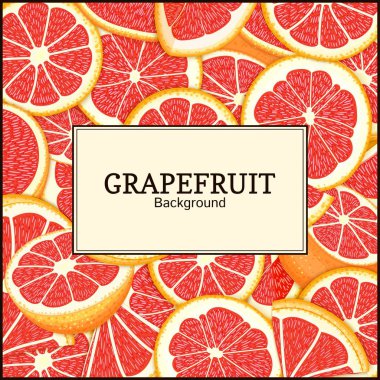 kare etiketi narenciye greyfurt arka plan üzerinde. Vektör kartı çizim. Tropikal taze ve sulu kırmızı pomelo çerçeve soyulmuş yarım dilim gıda ambalaj suyu kahvaltı çay diyet juce tasarım için parça.
