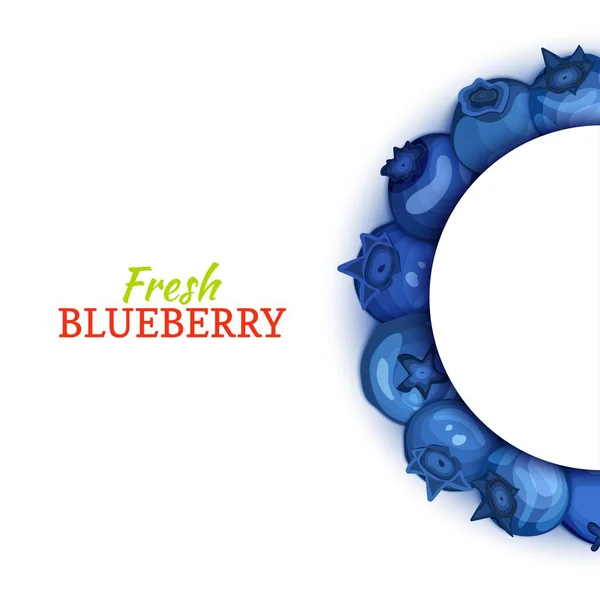 Ημικύκλιο χρωματιστό πλαίσιο που αποτελείται από νόστιμα blueberryfruit. Vector εικονογράφηση κάρτας. Μπλε Μύρτιλλο μισό γύρο πλαίσιο για το σχεδιασμό συσκευασίας τροφίμων χυμός πρωινό καλλυντικά τσάι detox δίαιτα. — Διανυσματικό Αρχείο