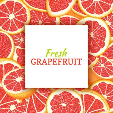 Narenciye kırmızı greyfurt arka plan üzerinde beyaz etiket kare. Vektör kartı çizim. Tropikal taze ve sulu pomelo yakından ambalaj suyu kahvaltı tasarım için arka plan aralıklı