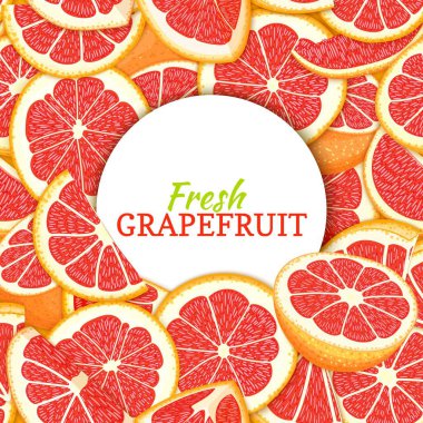 Narenciye greyfurt arka plan üzerinde yuvarlak beyaz etiket. Vektör kartı çizim. Tropikal taze ve sulu kırmızı pomelo çerçeve tasarım sağlıklı gıda, diyet juce paketleme d için yarım dilim parça soyulmuş