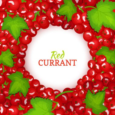 Olgun kırmızı kuş üzümü arka plan üzerinde yuvarlak beyaz etiket. Vektör kartı çizim. Ambalaj tasarım gıda, meyve suyu, reçel, dondurma, smoothies, Detoks, kozmetik krem için kırmızı dut taze ve sulu Frenk üzümü çerçeve.