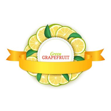 Renkli çerçeve greyfurt meyve ve altın Şerit'inde oluşur. Vektör kartı çizim. Narenciye yeşil pomelo çerçeve etiket ve afiş tasarımı suyu Kahvaltı, kozmetik, çay için yuvarlak, detoks diyet