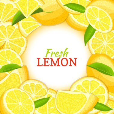 Narenciye limon arka plan üzerinde yuvarlak beyaz etiket. Vektör kartı çizim. Tropikal taze ve sulu sarı limon kare dilim yaprak gıda ambalaj suyu Kahvaltı, detoks diyet tasarım için soyulmuş