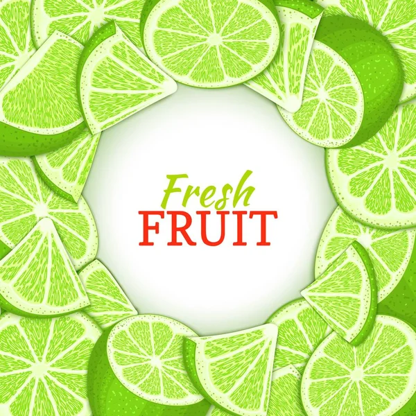 Narenciye kireç arka plan üzerinde yuvarlak beyaz etiket. Vektör kartı çizim. Tropikal taze ve sulu yeşil limon çerçeve soyulmuş yarım dilim gıda ambalaj suyu kahvaltı tasarımı için parça