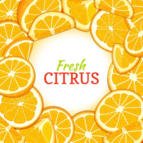 Portakal narenciye arka plan üzerinde yuvarlak beyaz etiket. Vektör kartı çizim. Tropikal taze, sulu portakal yarım dilim yiyecek tasarımı için çerçeve soyulmuş parça meyve suyu kahvaltı paketleme, detoks