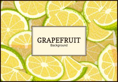Narenciye greyfurt arka plan üzerinde dikdörtgen etiket. Vektör kartı çizim. Tropikal sulu yeşil pomelo çerçeve soyulmuş yarım dilim gıda ambalaj suyu Kahvaltı, çay diyet juce tasarım için parça.