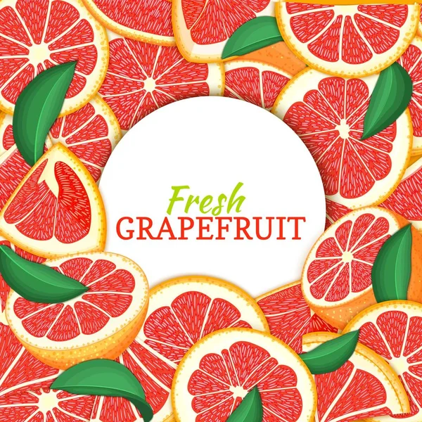 Narenciye greyfurt arka plan üzerinde yuvarlak beyaz etiket. Vektör kartı çizim. Tropikal taze ve sulu kırmızı pomelo çerçeve tasarım sağlıklı gıda, diyet juce paketleme d için yarım dilim parça soyulmuş
