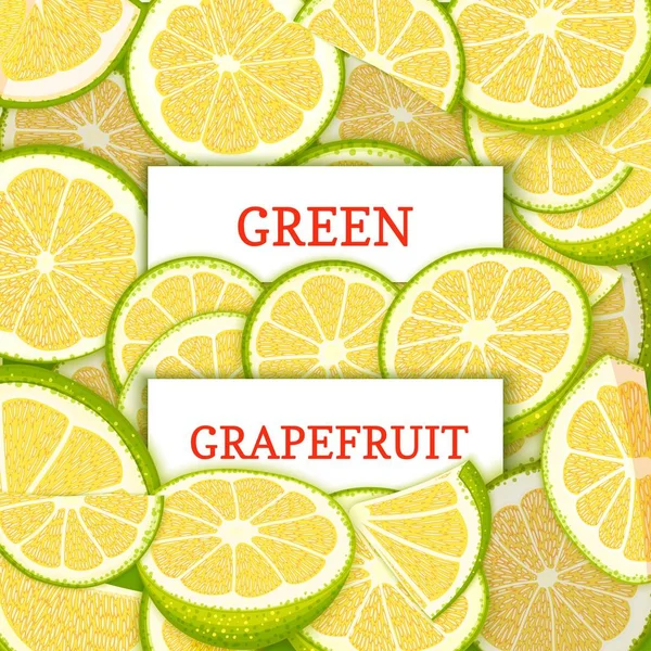 Два белых прямоугольника этикетки на зеленом фоне gfapefruit фруктов. Векторная иллюстрация карты. Цитрусовый и тропический зеленый ломтик Помело фрукты для дизайна упаковки пищевых продуктов сока завтрак детоксикации диета, джем — стоковый вектор