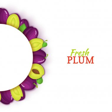 Yarım daire renkli çerçeve lezzetli Erik meyve oluşur. Vektör kartı çizim. Taze Erik yarı yuvarlak beyaz çerçeve tasarımı gıda ambalaj suyu, Kahvaltı, kozmetik çay, Detoks, diyet için.