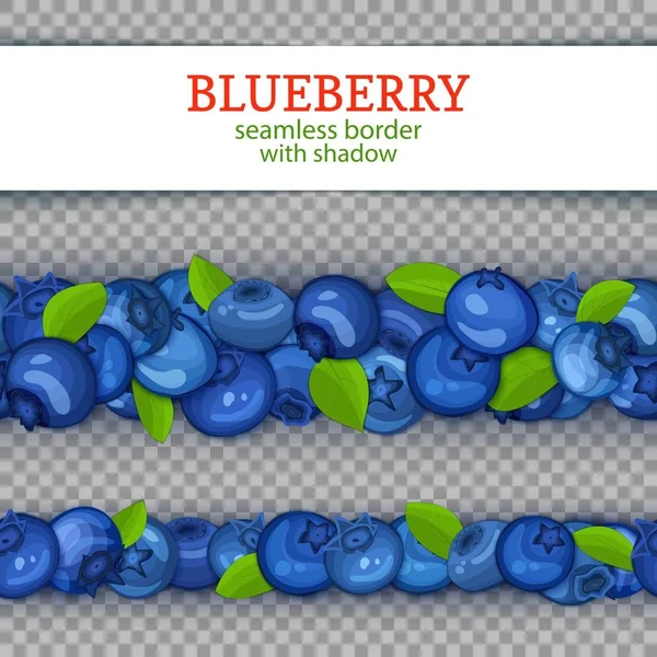 Blueberry ώριμα φρούτα οριζόντια απρόσκοπτη σύνορα. Εικονογράφηση διάνυσμα κάρτα ευρύ και στενό ατελείωτες λωρίδα με Μύρτιλλο μούρα για σχεδιασμό πρωινό χυμό συσκευασίας τροφίμων, καλλυντικών, τσάι, δίαιτα αποτοξίνωσης — Διανυσματικό Αρχείο