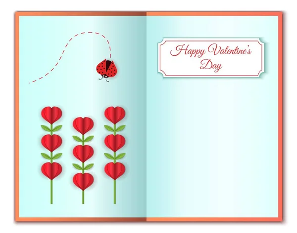 Feliz tarjeta de felicitación de San Valentín de amor y San Valentín. Flores en forma de corazón y bicho dama. Lindas flores rosadas y corazón. Arte de papel y estilo artesanal. Plantilla de diseño de origami moderno . — Vector de stock