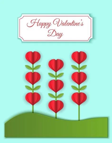 Happy valentines greeting card of love and Valentines Day. Heart shape flowers on the grass. Cute pink flowers and heart. Paper art and craft style. Modern origami design template. — Stock Vector