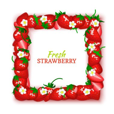 Kare vektör kartı çizim. Sulu çerçeve lezzetli çilek meyvesi oluşur. Çilek dikdörtgen çerçeve. Tasarım gıda, meyve suyu, reçel, dondurma, smoothies, Detoks, kozmetik krem için olgun çilek